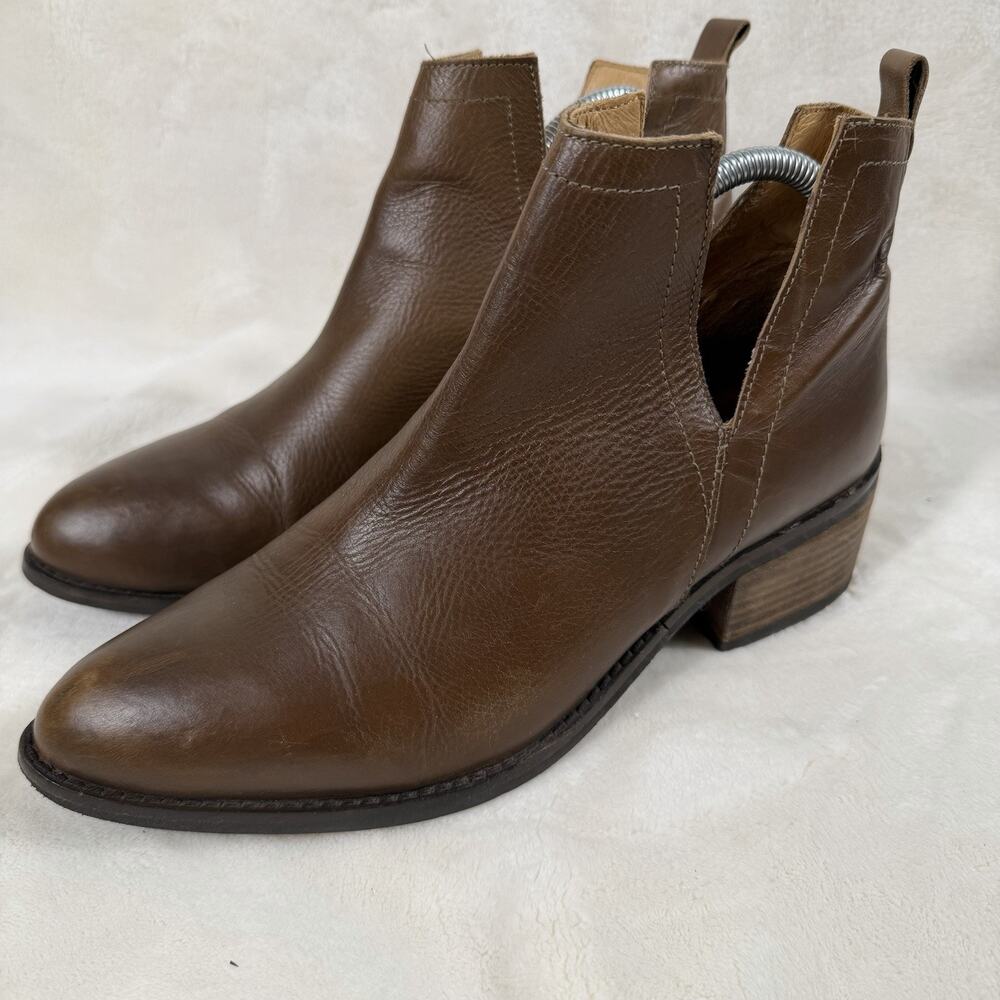 Diba Brown Leather Cutout Ankle Boots Women’s 9.5 Western Chelsea Block Heel